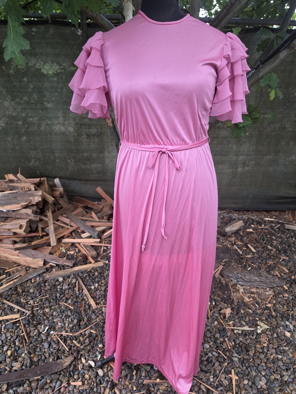 Vtg 70's Mauve Maxi Dress Ruffle Sleeve Waist Tie Prairie Chic Cottagecore Retro